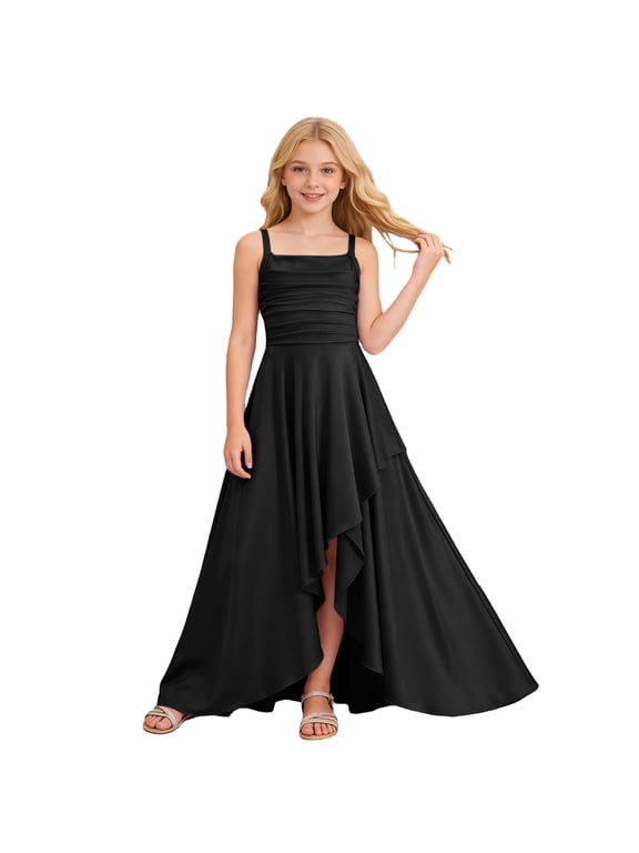 Little Girls Party Dress Solid Color Ruffled Tiered Spaghetti Strap Gown Formal Weeding DressesBlack