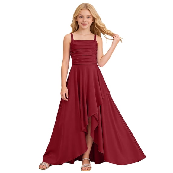 Byoo Little Girls Party Dress Solid Color Satin High-Low Ruched Bodice Maxi Dress Versatile Spaghetti Strap Gown