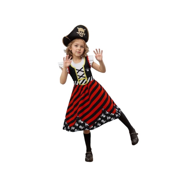 Byoo Little Girls Pirate Outfit Striped Flared Sleeves A-Line Dress with Hat Role Playing Dresses for KidsRed
