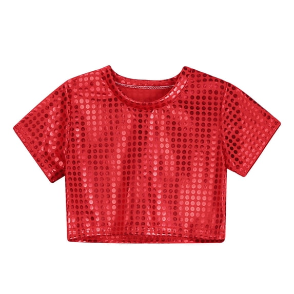 Byoo Little Girls Sequin Crop Top Solid Short Sleeve Round Neck Sparkly Party Performance Tee