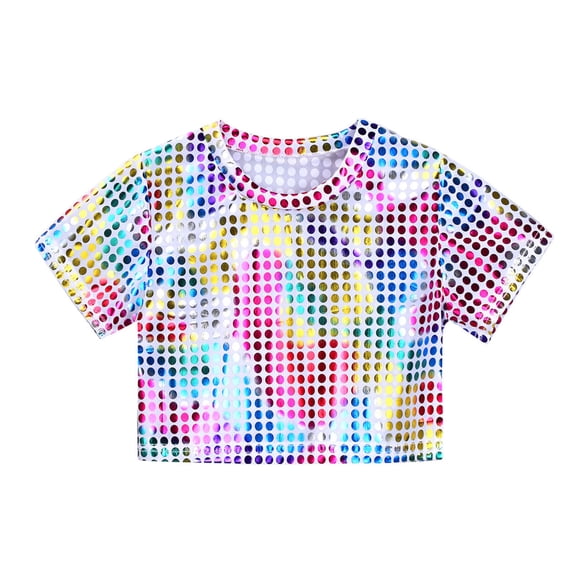 Byoo Little Girls Sequin Crop Top Solid Short Sleeve Round Neck Sparkly Party Performance Tee