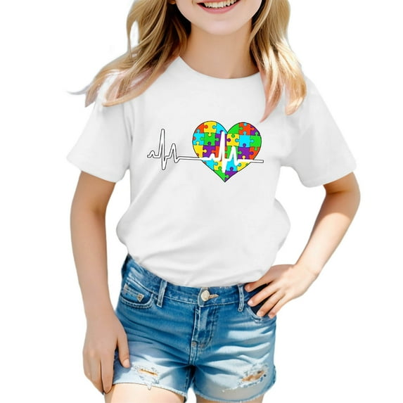 Byoo Little Girls Short Sleeve Tee Shirt Heart Printed School Uniform Pullover Top Active Sport T-Shirt,White