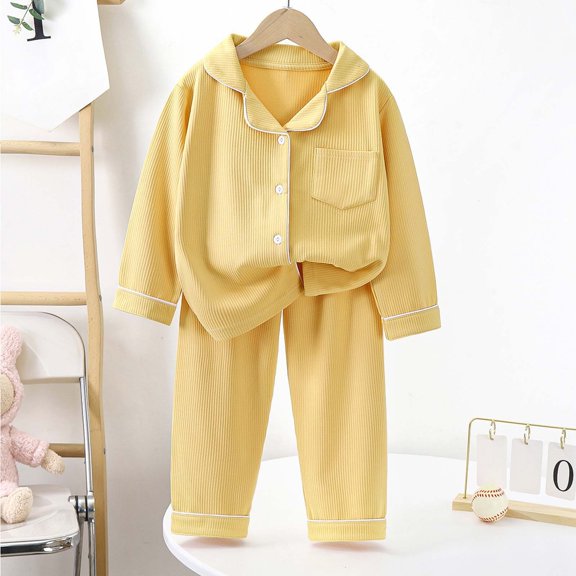 Byoo Little Girls Sleepwear Outfits Solid Ribbed Button Down Lapel Collar Shirt Trousers Homewear Set Kids Cozy Homewear Set