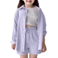 thumbnail image 1 of Byoo Little Girls Solid Outfit Set Crinkle Texture Long Sleeve Button Down Shirt Drawstring Shorts Cloth Set Comfortable Tracksuit, 1 of 8