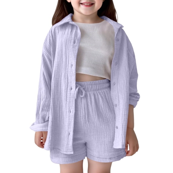 Byoo Little Girls Solid Outfit Set Crinkle Texture Long Sleeve Button Down Shirt Drawstring Shorts Cloth Set Comfortable Tracksuit