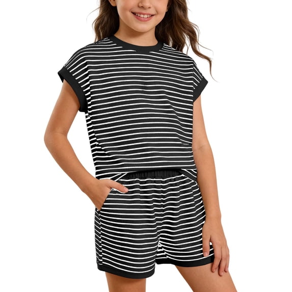 Byoo Little Girls' Striped Ribbed 2 Piece Outfit Cap Sleeve Top and Shorts with Pockets,Black