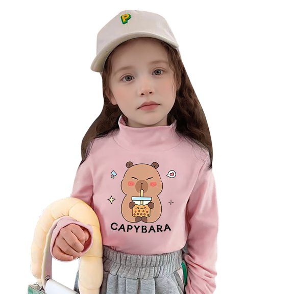 Byoo Little Girls T-Shirt Cartoon Capybara Print Long Sleeve Thermal T Shirt Undershirt