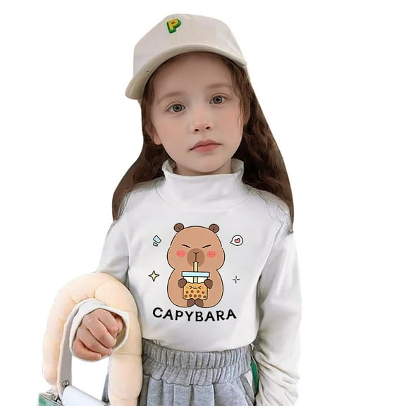 Byoo Little Girls T-Shirt Cartoon Capybara Print Long Sleeve Thermal T Shirt Undershirt
