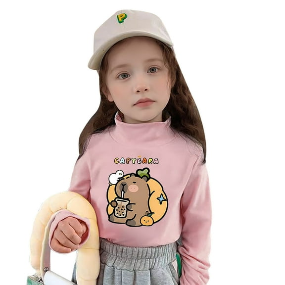 Byoo Little Girls Turtleneck Thermal T-Shirt Cute Capybara Print Long Sleeve Undershirt