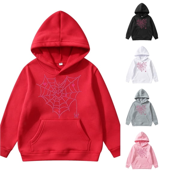 Byoo Little Girls' Y2K Spider Web Heart Graphic Hoodie Long Sleeve Printed Pullover Hooded Sweatshirt Streetwear Tops,Red