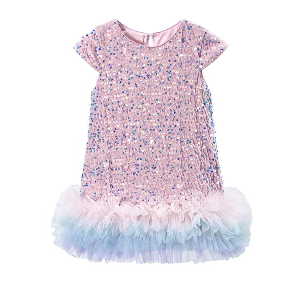 Byoo Mardi Gras Sequin Dress for Infant Girls Short-Sleeved Solid Color O-Neck Relaxed Fit Dresses Holiday for Kids Gown