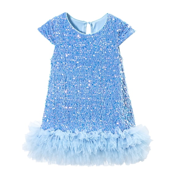 Byoo Mardi Gras Sequin Dress for Toddler Girls Short-Sleeved Solid Color O-Neck Relaxed Fit Dresses Holiday for Kids Gown