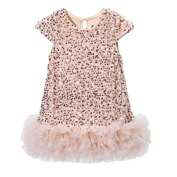 Byoo Mardi Gras Sequin Dress for Toddler Girls Short-Sleeved Solid Color O-Neck Relaxed Fit Dresses Holiday for Kids Gown