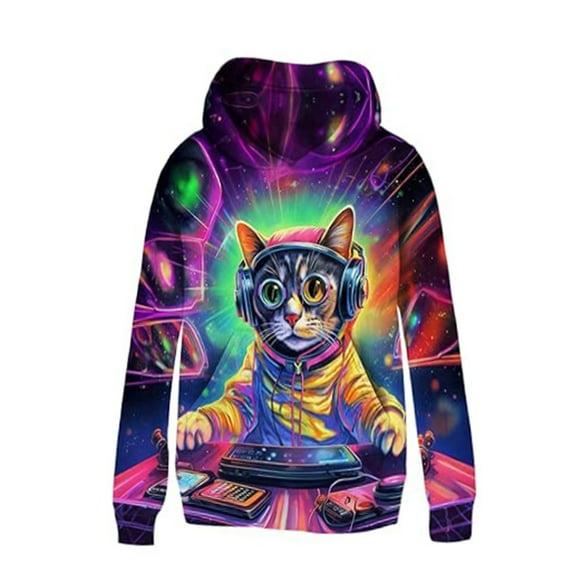 Byoo Neon DJ Cat Graphic Hoodie for Little Boys Active Full Sleeve Hooded Sweatshirt Cheerful Active Pullover Top, OTHER