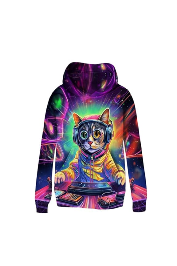 Neon DJ Cat Graphic Hoodie for Tween Boys Active Full Sleeve Hooded Sweatshirt Cheerful Active Pullover Top, OTHER