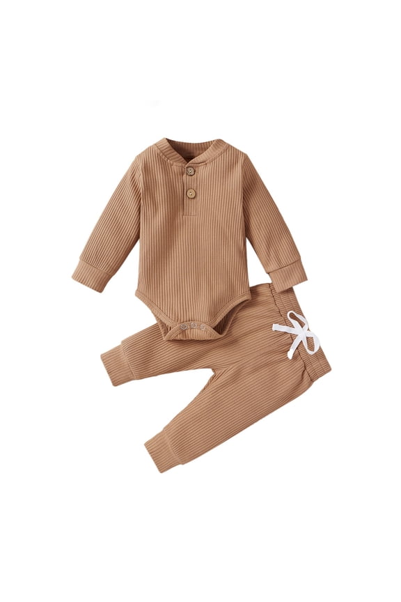 Boy 2-Piece Ribbed Outfit Set Solid Color Long-Sleeve Henley Bodysuit Pants Soft Baby Outfits Comfy Romper Set