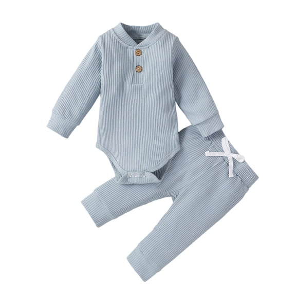 Byoo Boy 2-Piece Ribbed Outfit Set Solid Color Long-Sleeve Henley Bodysuit Pants Soft Baby Outfits Comfy Romper Set