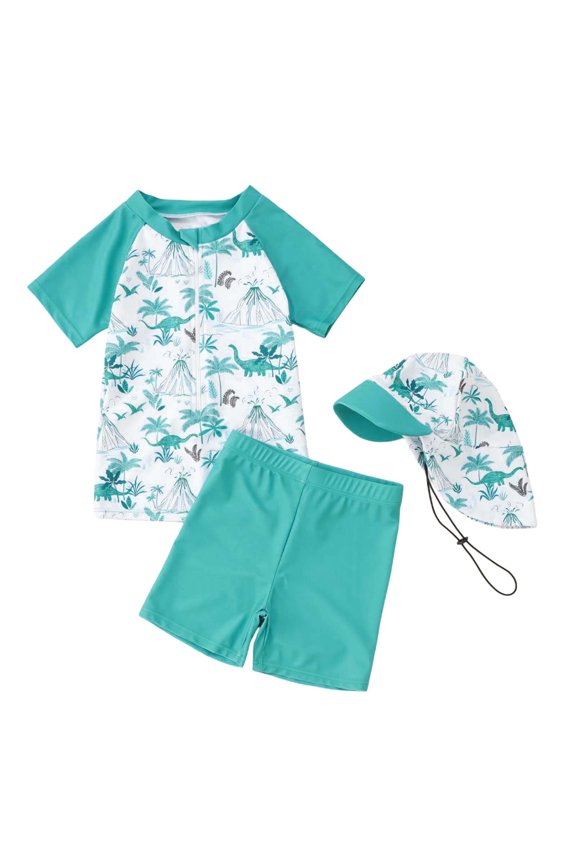 Newborn Boy Dolphin Print Swimsuit Rash Guard Set with Sun Hat UPF 50+ Protection Swim Set,Green
