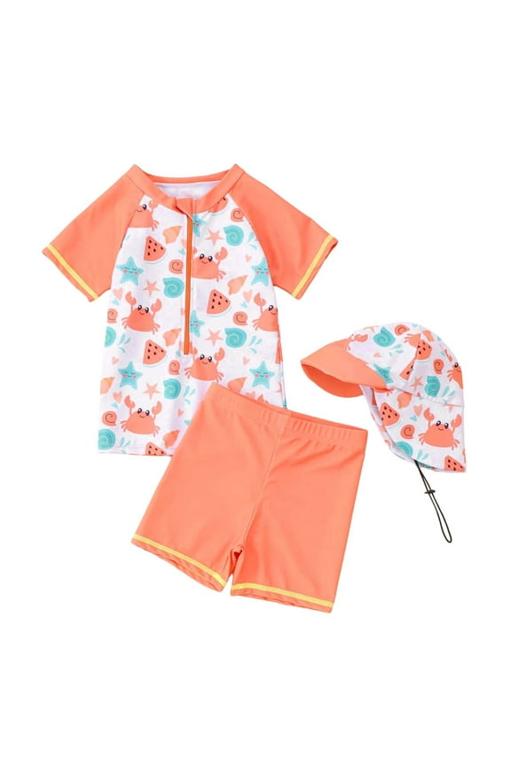 Newborn Boy Dolphin Print Swimsuit Rash Guard Set with Sun Hat UPF 50+ Protection Swim Set,Orange
