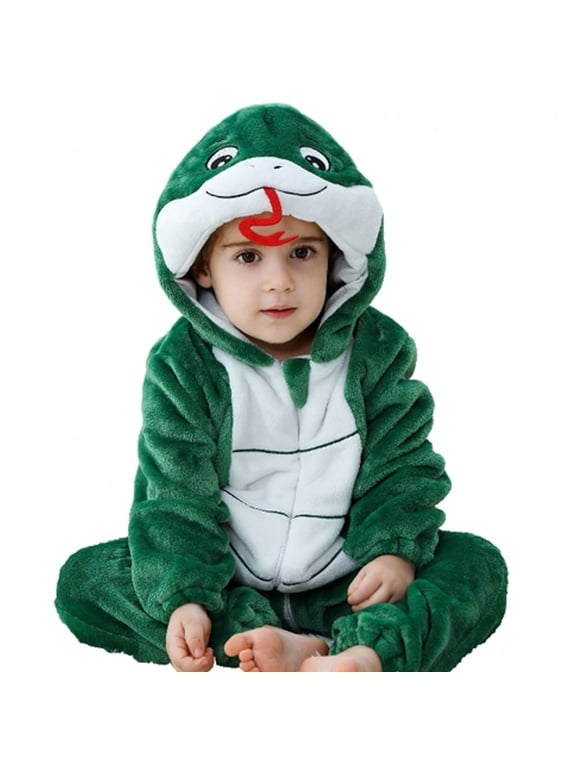 Newborn Boy Flannel Snake Bodysuits Soft Plush Zip-Up Hooded Animal Homewear Jumpsuit