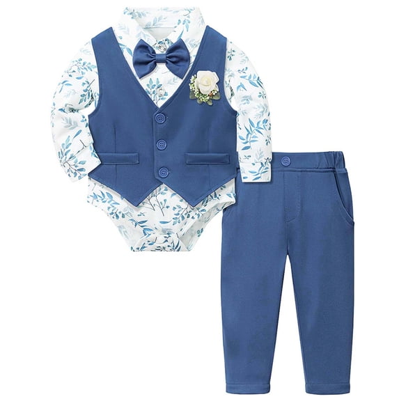 Byoo Newborn Boy Gentleman Suit Set Floral Print Dress Bodysuit Pants with Bow Tie Formal Outfits Comfort Clothes Set, Blue