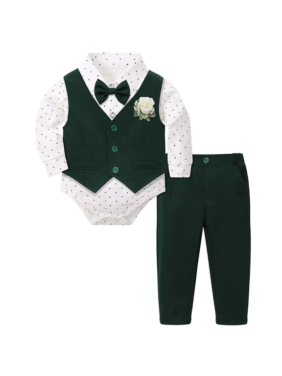 Newborn Boy Gentleman Suit Set Floral Print Dress Bodysuit Pants with Bow Tie Formal Outfits Comfort Clothes Set, Green