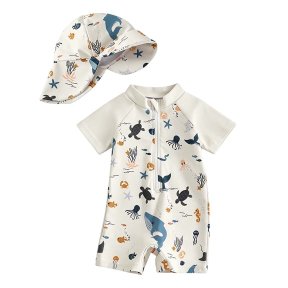 Byoo Newborn Boy One Piece Swimsuit Hat Sun Protection UPF 50+ Swim Set for Beach,White