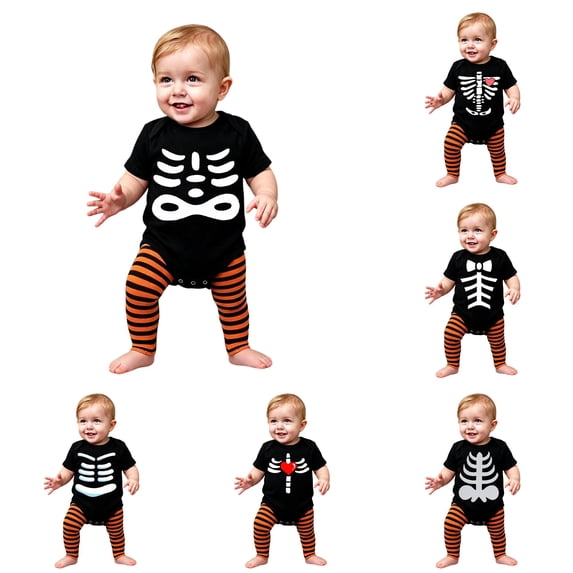 Byoo Newborn Boys' Bold Graphic Bodysuit Halloween Skeleton Print Short‑Sleeve Crewneck Dress‑Up Romper, OTHER5