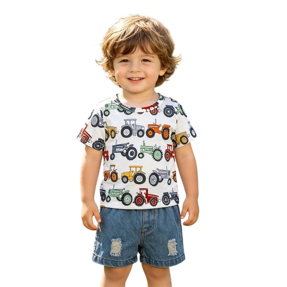 Byoo Boys Breathable Outfit Tractor Print Tee Denim Shorts Casual Daily Tracksuit Sets