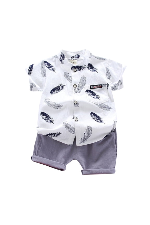 Newborn Boys Feather Print Short Sleeve Shirt And Shorts Set Casual Two Piece Summer Outfit For Kids