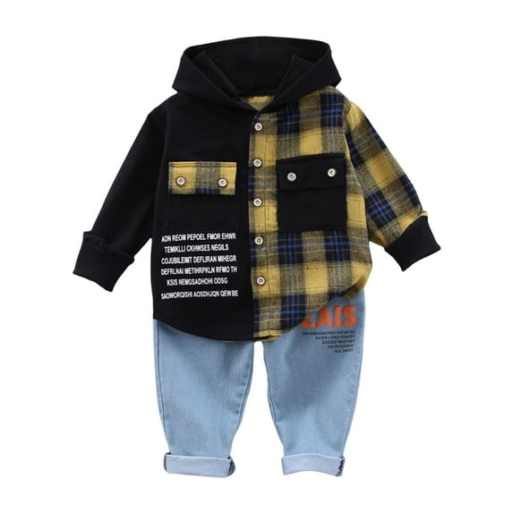Byoo Newborn Boys Outfits Long Sleeve Plaid Hooded Shirt Denim Jeans Fall Clothes Set, 2Pcs