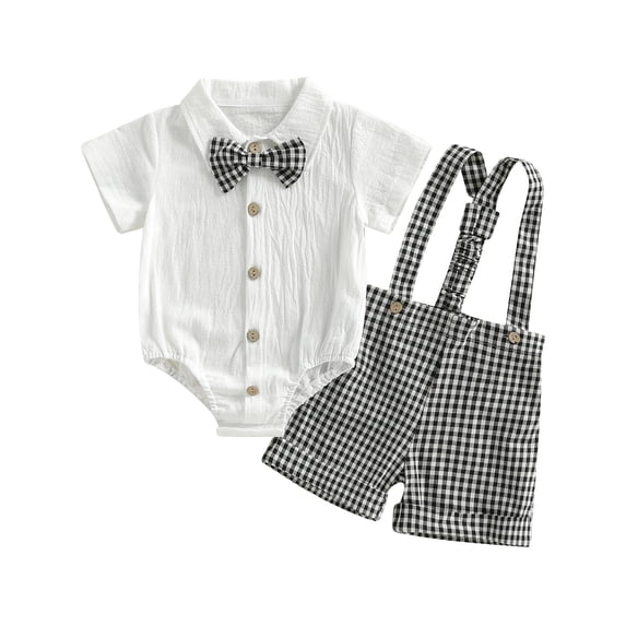 Byoo Boys Plaid Graphic Outfit Set Formal Button-Up Romper Suspender Shorts Baby Clothes Set