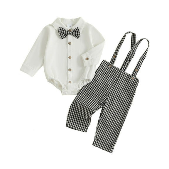 Byoo Boys Suite Sets Bow Tie Buttons Notched Collar Onesie Plaid Overalls Set Casual Fashion Baby Outfits