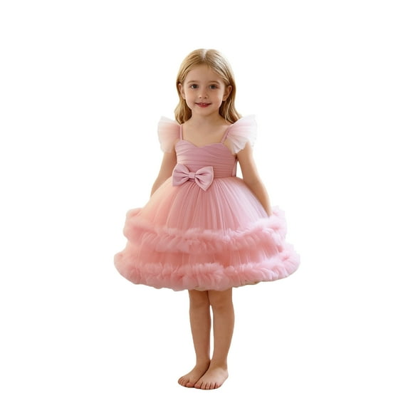 Byoo Newborn Girl Multi-Layer Ruffle Tutu Dress Flutter Sleeve Solid Bow Accent Mini Gown Kids Wedding Formal Dresses,Pink