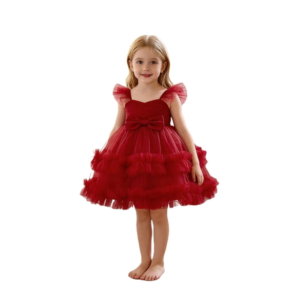Byoo Newborn Girl Multi-Layer Ruffle Tutu Dress Flutter Sleeve Solid Bow Accent Mini Gown Kids Wedding Formal Dresses,Red