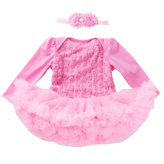 Byoo Newborn Girl Tutu Dresses Carnival Solid Color Full Sleeve Lace Fluffy Mini Dress with Flower Headband Kids Sweet Clothes