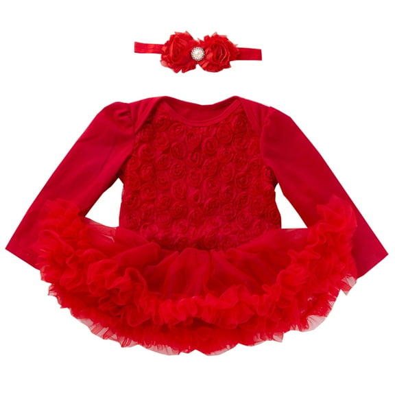 Byoo Newborn Girl Tutu Dresses Carnival Solid Color Full Sleeve Lace Fluffy Mini Dress with Flower Headband Kids Sweet Clothes