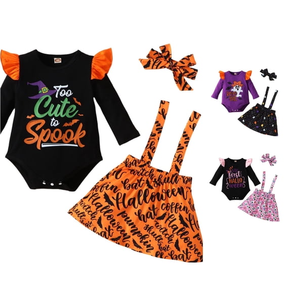 Byoo Newborn Girl's Halloween Ghost Bat Graphic Romper Outfit Long Sleeve Ruffle Shoulder Bodysuits Outdoor Suspender Skirt Set,Black