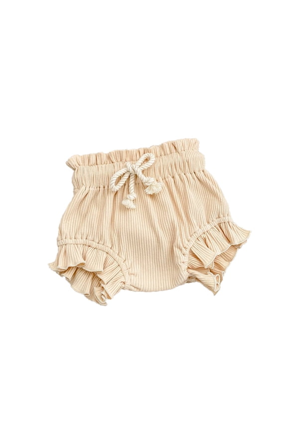 Newborn Girl's Ribbed Ruffle Bloomers Elastic Drawstring Loose Fit Casual Playwear Shorts,Khaki