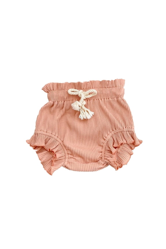 Newborn Girl's Ribbed Ruffle Bloomers Elastic Drawstring Loose Fit Casual Playwear Shorts,Light Pink