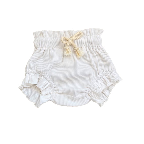 Byoo Newborn Girl's Ribbed Ruffle Bloomers Elastic Drawstring Loose Fit Casual Playwear Shorts,White