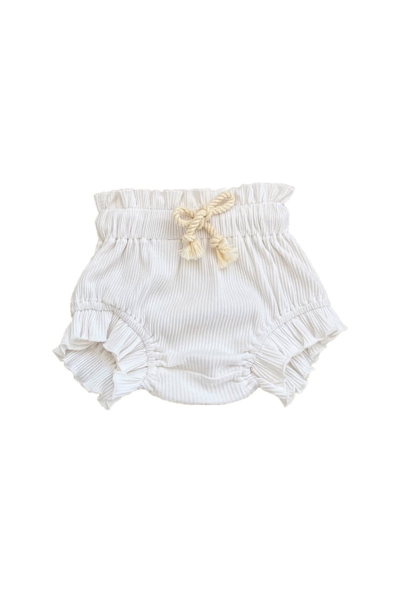 Newborn Girl's Ribbed Ruffle Bloomers Elastic Drawstring Loose Fit Casual Playwear Shorts,White
