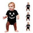 thumbnail image 1 of Byoo Newborn Girls' Eye‑Catching Bodysuit Halloween Jack‑O‑Lantern Print Short‑Sleeve Crewneck Romper Holiday Outfit, Black1, 1 of 5