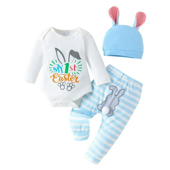 Byoo Newborn Girls Outfits Easter Letter Graphic Long-Sleeve Romper Pants and Headbands Sweatsuit Sets Summer Daily Clothes Set, Sizes 9-12M