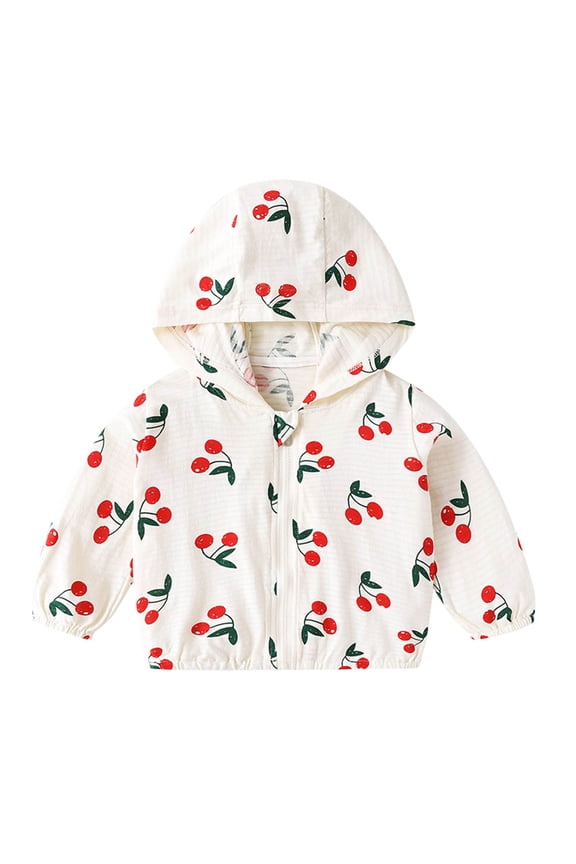 Newborn Girls Summer Breathable Strawberry Printed Sun Jacket Long Sleeve Hooded Casual Outerwear Cute Coat