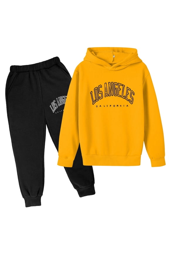 Outfit For Big Boy Los Angeles Letter Graphic Pullover Hooded Sweatshirt Sweatpants Soft Clothes Set