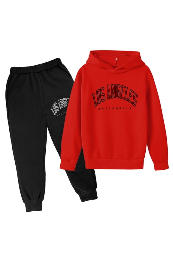 Outfit For Little Boy Los Angeles Letter Graphic Pullover Hooded Sweatshirt Sweatpants Soft Clothes Set