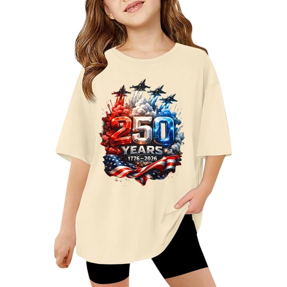 Byoo Oversized Tee Shirt for Toddler Girl America's 250th Anniversary Airplane Printed Tshirt Pullover Top