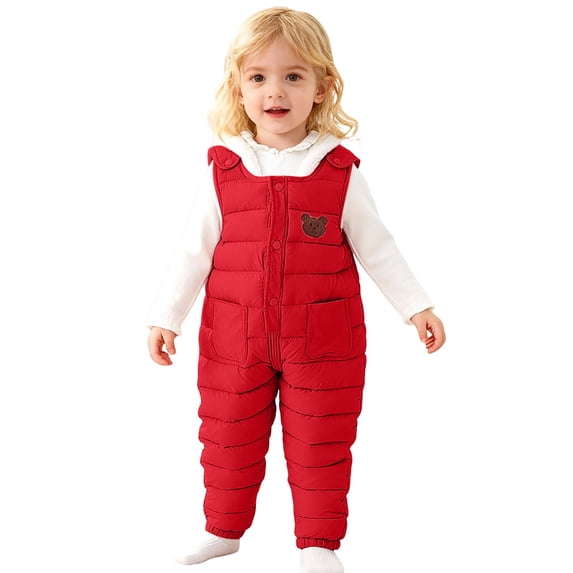 Byoo Padded Down Romper Jumpsuit for Toddler Girls Solid Color Fleece Lined Thick Baby Trousers Soft Warm Puffer Overall Pants,Red
