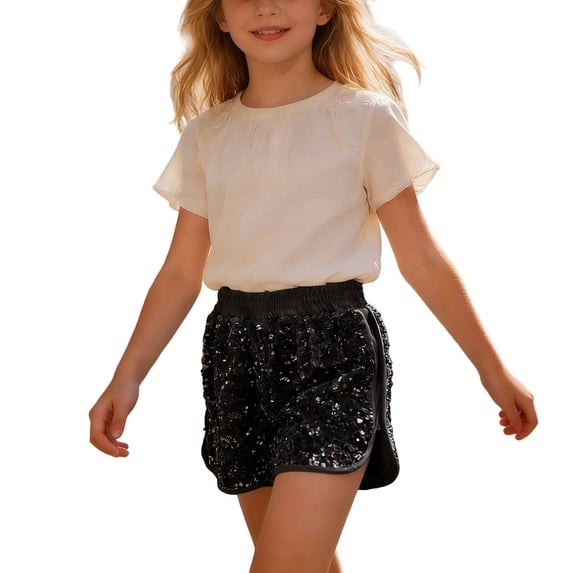 Byoo Party Sequin Shorts for Big Girl Elastic Waist High Rise Casual Shorts Kids Dance Soft Pants,Black
